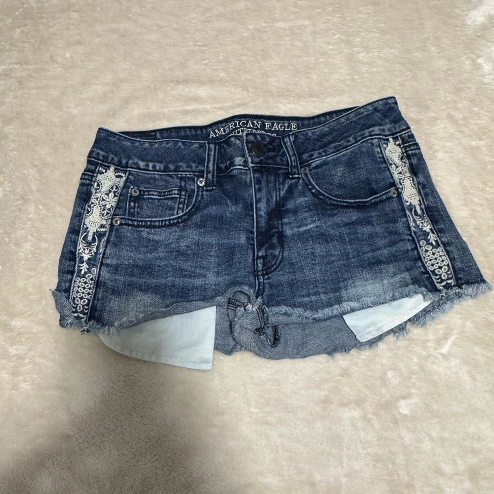 American Eagle Outfitters Dark Blue Jean Shorts with Embroidery